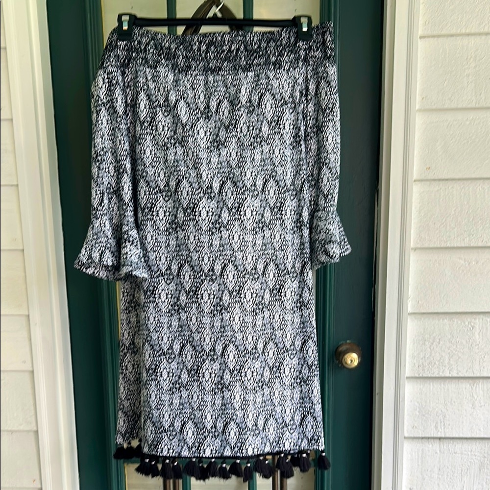 Cabana Life NWT Off the Shoulder Sanibel Smocked Black and White Dress L UPF 50+